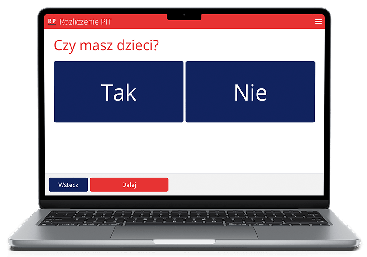 Tablet z ekranem systemu PITax.pl do rozliczania podatków oraz przykładowe pytanie w systemie.